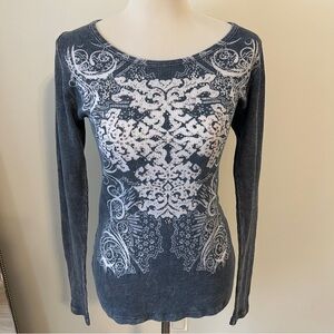 Daytrip Embellished Thermal Lace Back Top Size M gray blue Y2K 200s